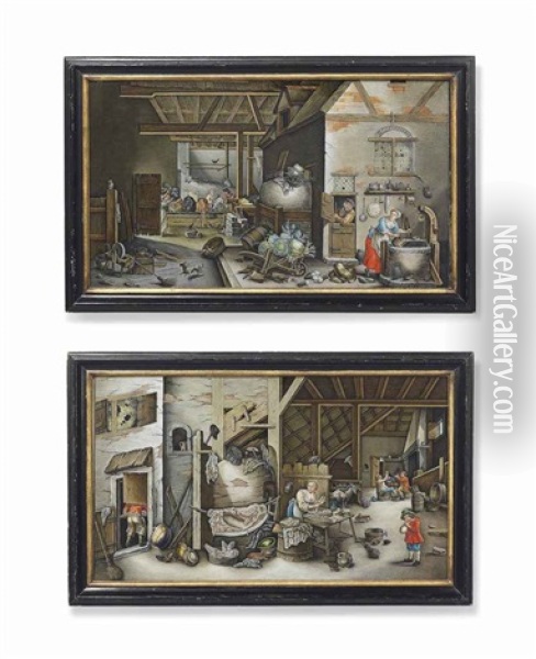 Figures Within An Interior Scene (pair) Oil Painting - Nikolaus Michael Spengler