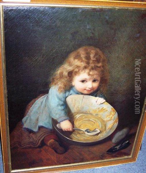Toddler With A Pudding Basin Oil Painting - James Wells Champney