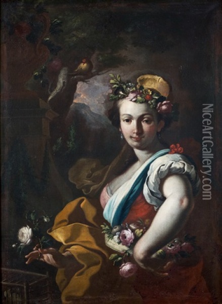 Jeune Marchande De Fleurs Dans Un Paysage Oil Painting - Jacopo Cestaro