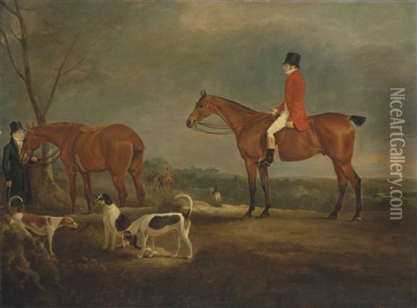 Portrait Of Mr. White, On A Hunter With Hounds, A Groom Holding Another Mount To The Left Oil Painting - John E. Ferneley