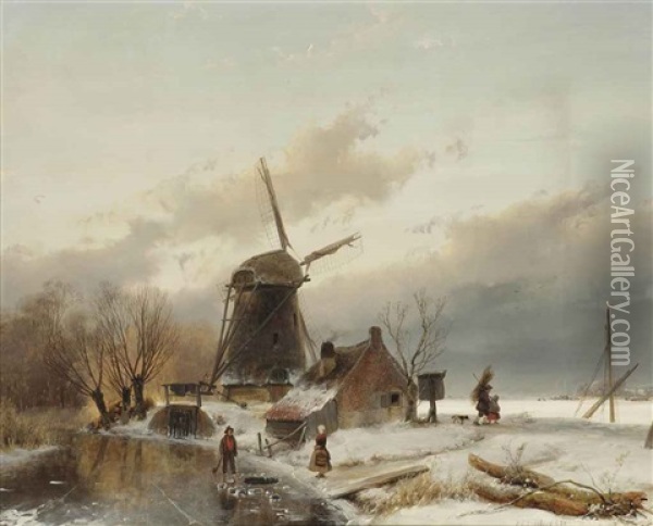 A Winter Landscape With A Windmill Oil Painting - Andreas Schelfhout