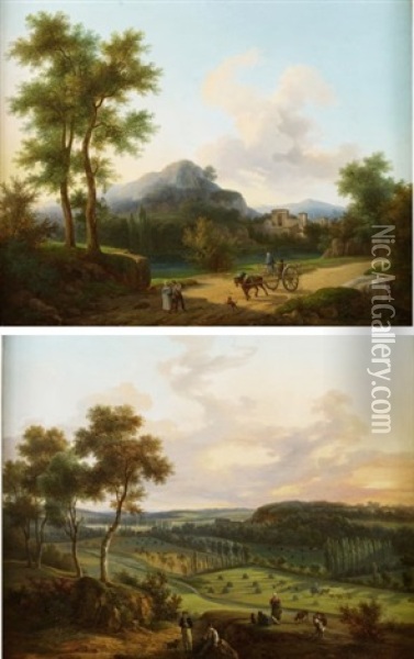 Paysage Avec Moissonneurs (+ Les Travaux Dans Les Champs; Pair) Oil Painting - Jean-Baptiste Jules Trayer