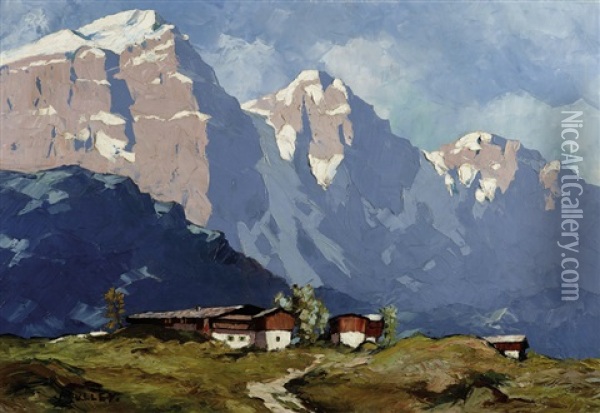 Gehoft In Einer Hochgebirgslandschaft Oil Painting - Oskar Mulley