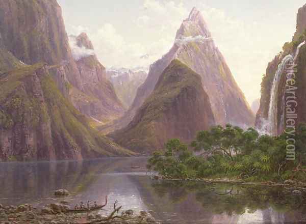 Native figures in a canoe at Milford Sound West Coast of South Island New Zealand also depicted are Mitre Peak and Bowens Fall Oil Painting - Eugene von Guerard
