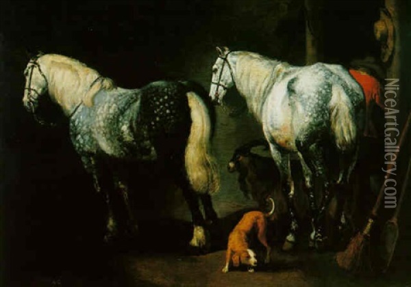 Two Horses In A Barn With A Groom, A Dog And A Goat Oil Painting - Abraham Van Calraet