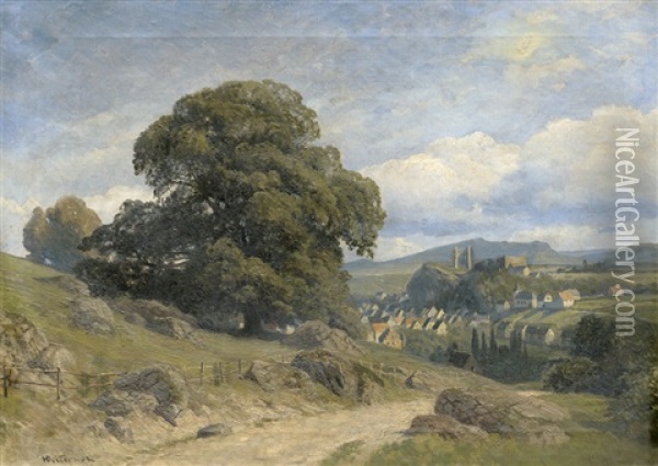 An Der Saegemuhle: Sommerliche Landschaft Mit Blick Auf Ein Dorf Und Burgruine Oil Painting - Heinrich Deiters