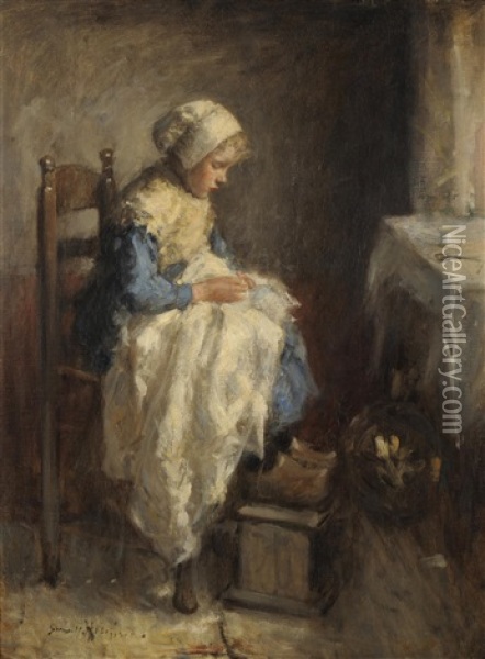 A Young Girl Seated Beside A Window Sewing Oil Painting - Robert Gemmell Hutchison