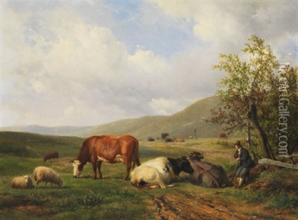 Hirte Mit Kuhen Und Schafen In Weiter Landschaft Oil Painting - Hendrik van de Sande Bakhuyzen