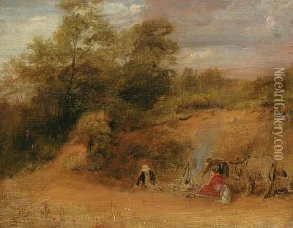 Travellers And Donkeys By A Camp Fire In A Wooded Landscape Oil Painting - Sir David Wilkie