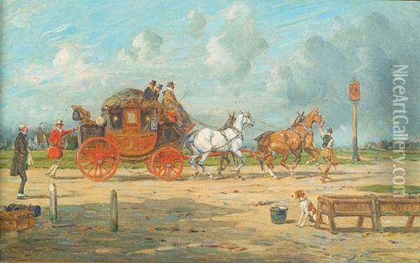 London And Exeter Coach Arriving At A Staging Inn Oil Painting - George Wright