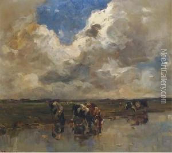 Cows Watering In A Polder Landscape Oil Painting - Frans Smissaert
