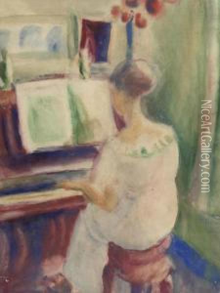 Lady Behind A Piano Oil Painting - Ferdinand Schirren