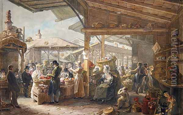 Old Covent Garden Market, 1825 Oil Painting - George the Elder Scharf
