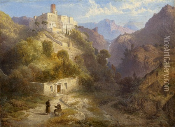 Italienische Berglandschaft Mit Kloster, Im Vordergrund Zwei Franziskanermonche Oil Painting - Albert Ludwig Trippel