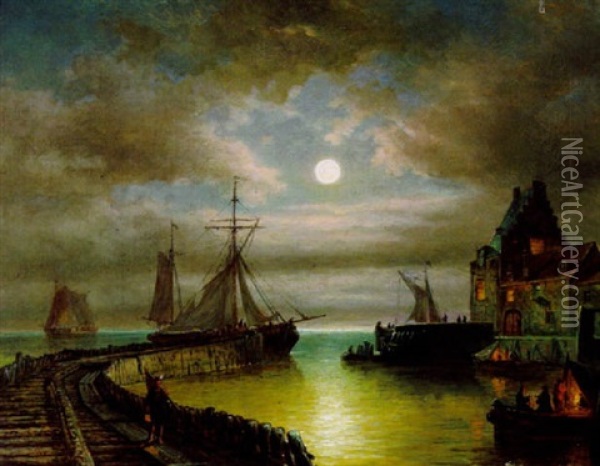 Mondnacht Uber Einem Hafen Oil Painting - Elias Pieter van Bommel