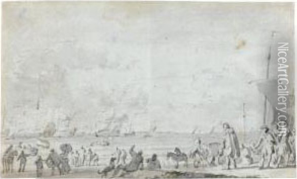 Beach Scene, With Elegant Figures Looking Towards A Fleet Oil Painting - Ludolf Backhuysen