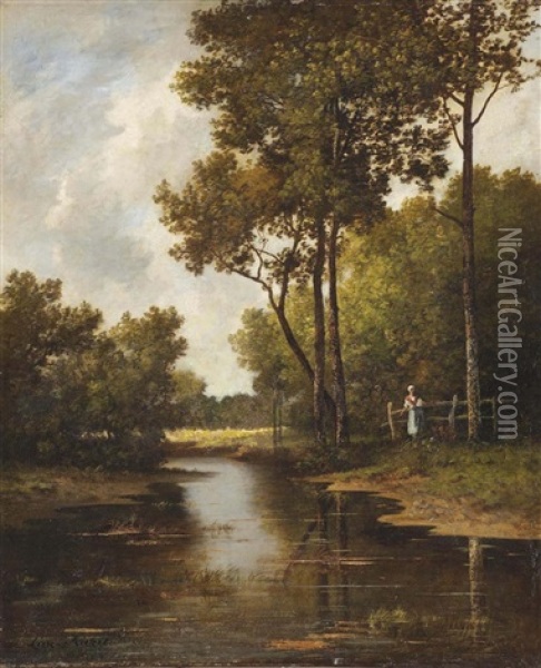 Trees Along A Forest Stream Oil Painting - Leon Richet