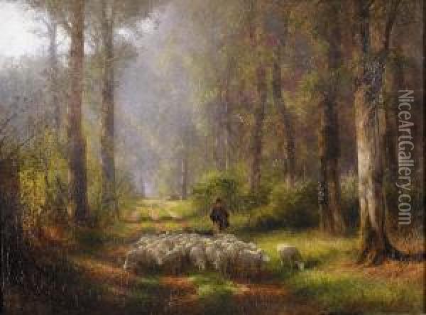Waldweg Mit Hirte Und Seiner Herde. Oil Painting - Albert Arnz