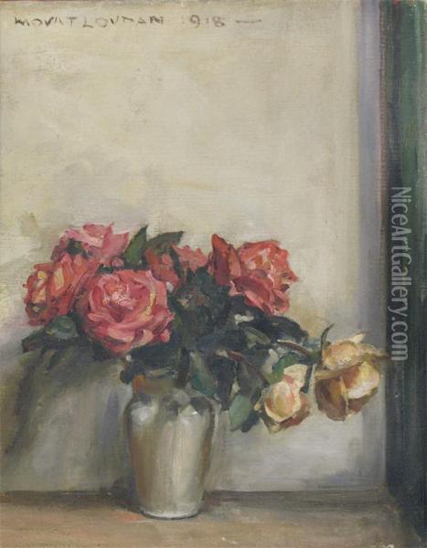 Red And Cream Roses In A Vase Oil Painting - William Mouat Loudan