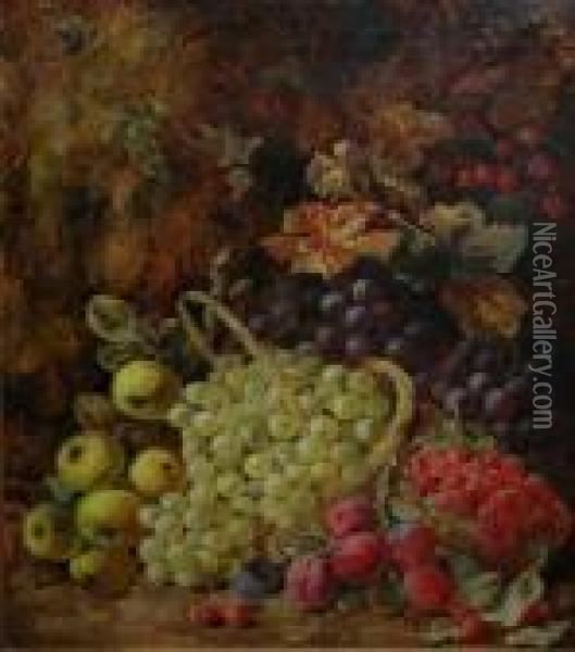 A Mossy Bank With Fruit And Another With Flowers And A Bird Nest. Oil Painting - George Clare