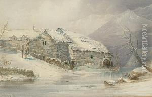 Figures By A Mill In Winter Oil Painting - Cuthbert Rigby
