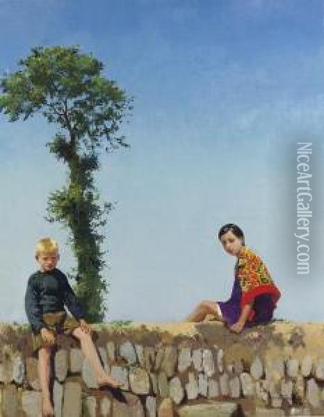 Children Sitting On A Wall Oil Painting - Harvey Harold