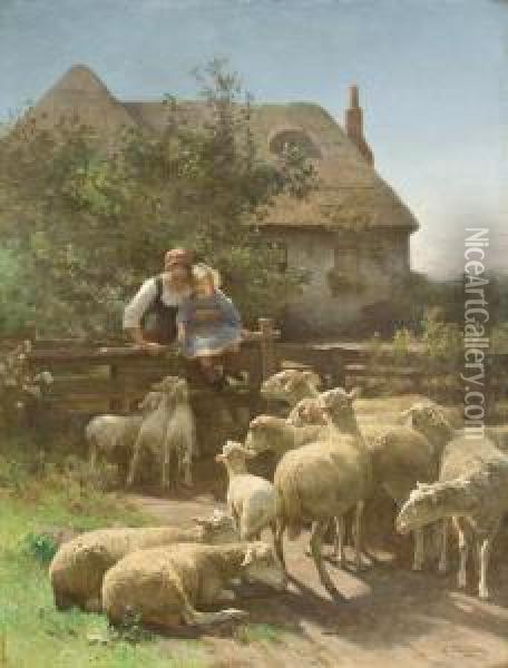 Feeding The Sheep Oil Painting - Luigi Chialiva