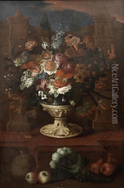 A Still Life Of Flowers In An Urn With Fruit And Flowers On A Ledge Below Oil Painting - Franz Werner von Tamm