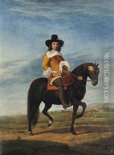 Equestrian Portrait Of A Gentleman, Full-length, With A Hound And An Extensive Landscape Beyond Oil Painting - Adriaen Van De Velde