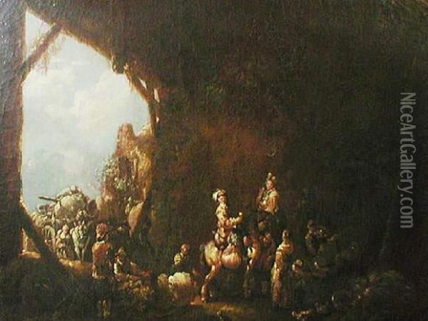 Nicolas, Attr. A, La Halte Des Cavaliers Dans Une Grotte Oil Painting - Nicolaes Berchem