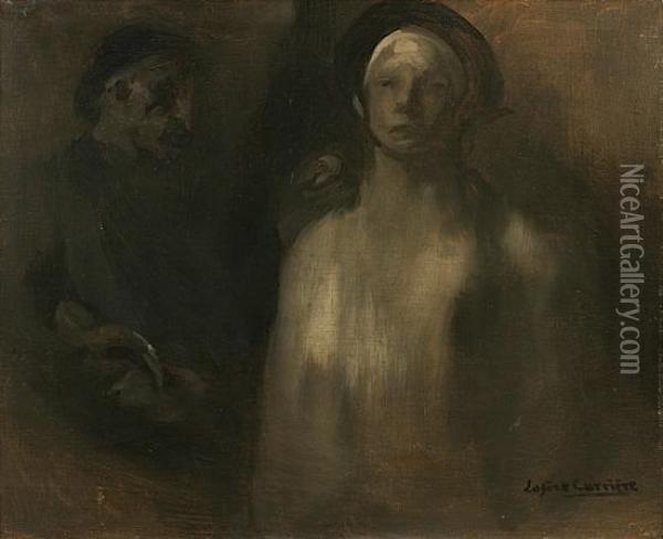 Deux Personnages, L'un De Face, L'autre De Profil Oil Painting - Eugene Carriere