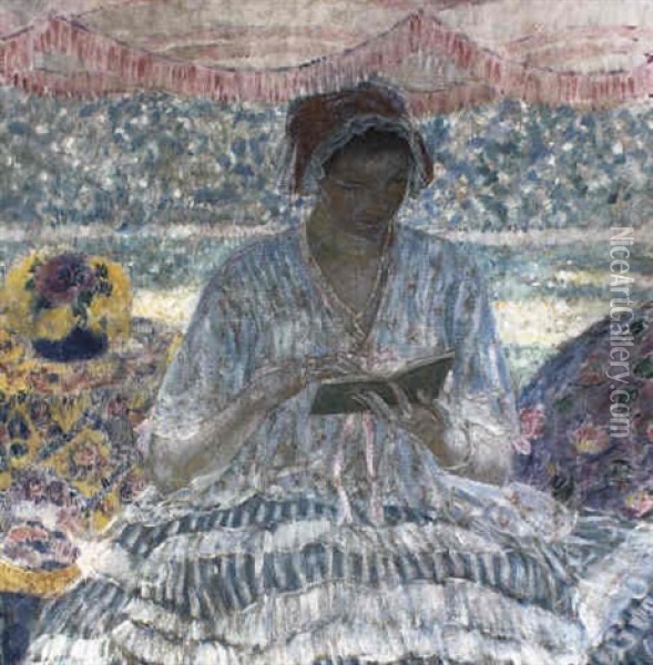 Summer Reading (under The Awning) Oil Painting - Frederick Carl Frieseke