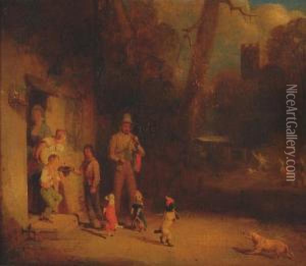 Performing Dogs Outside A Family Home Oil Painting - Henry Liverseege