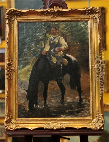 Cavalier Et Son Cheval S'abbreuvant Oil Painting - Theodor Rocholl