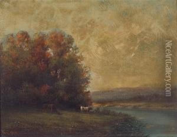 A River Landscape With Cattle Watering Oil Painting - William M. Hart