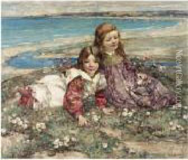 Two Young Girls On A Clifftop Oil Painting - Edward Atkinson Hornel