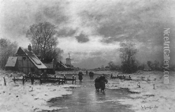 Winterliche Abenstimmung An Einem Kanal Mit Staffagen Oil Painting - Johann Jungblut