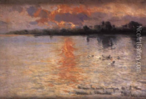 A River Landscape At Sunset Oil Painting - Eliseo Meifren y Roig