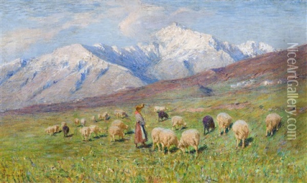 Ansicht Gegen Den Monte Massone Von Der Alp Aurelio Aus Oil Painting - Achille Tominetti