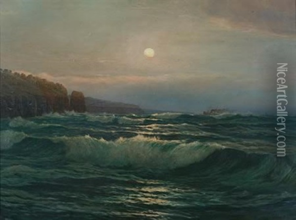 Untitled - Moonlit Seascape With Steam Ship Oil Painting - Julian Rossi Ashton
