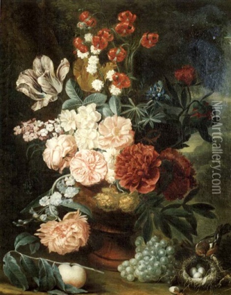 Still Life Of Flowers In A Vaswith Fruit And Da Bird's Nest Oil Painting - Jan Van Huysum