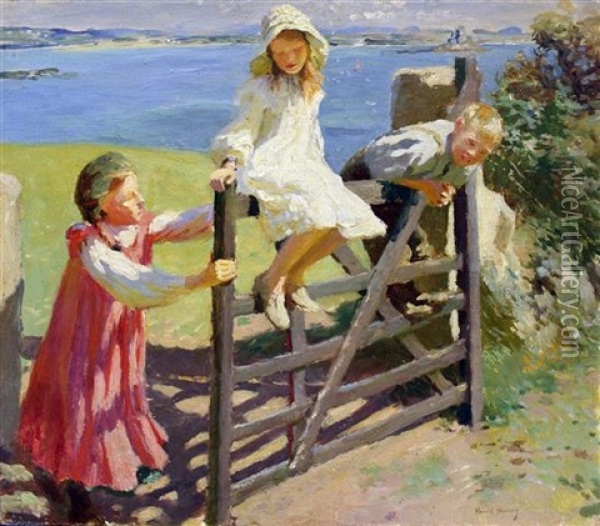 Children Swinging On A Gate Oil Painting - Harold Harvey
