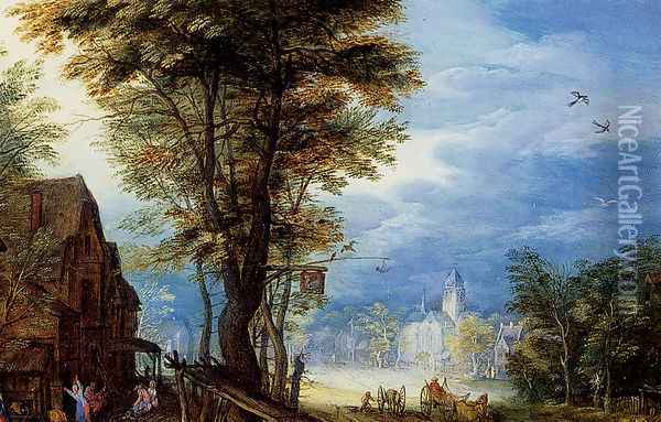 A Village Street With The Holy Family Arriving At An Inn [detail: 1] Oil Painting - Jan The Elder Brueghel