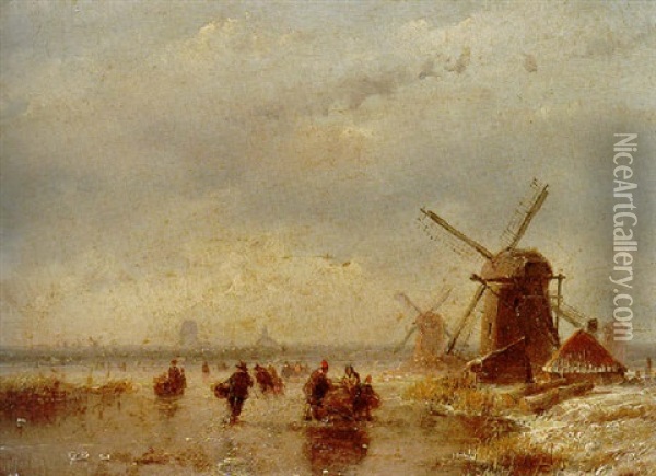 Frozen Winter Landscape With Windmills Oil Painting - Andreas Schelfhout
