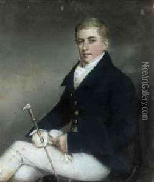 Portrait Of A Gentleman, Small Three-quarter-length, Seated On Achair, In Hunting Attire, A Riding Crop In His Right Hand Oil Painting - James Sharples