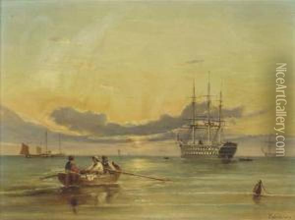A Screw Two-decker Lying At Anchor At Dusk Oil Painting - Ebenezer Colls