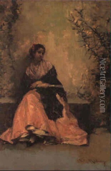 Young Woman With Fan Oil Painting - Raimundo de Madrazo y Garreta