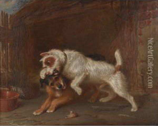 Terriers Claiming A Bone Oil Painting - Martin Theodore Ward