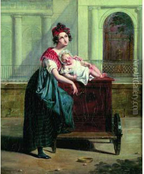 Une Joueuse D'orgue De Barbarie Oil Painting - Antoinette Cecile Hortense Lescot Haudebourt