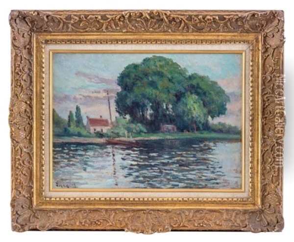 Bords De La Seine Pres De Rolleboise, Le Bac De Guernes Oil Painting - Maximilien Luce